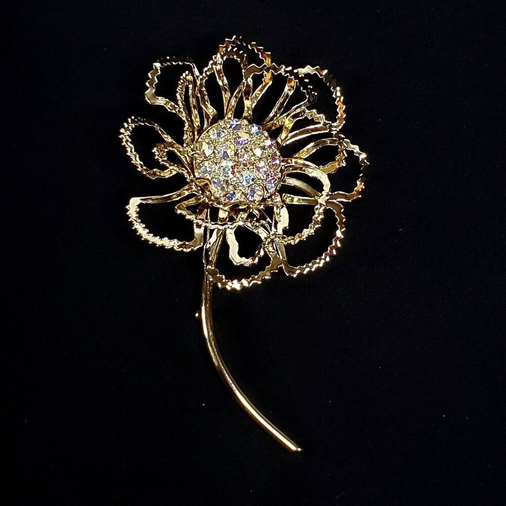 VTG Sarah Coventry Gold-Tone "Allusion" Filigree Flower Brooch Rhinestones 1968